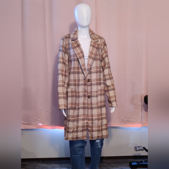 NWT  Plaid Notched Longline Coat - Picture 2 of 5